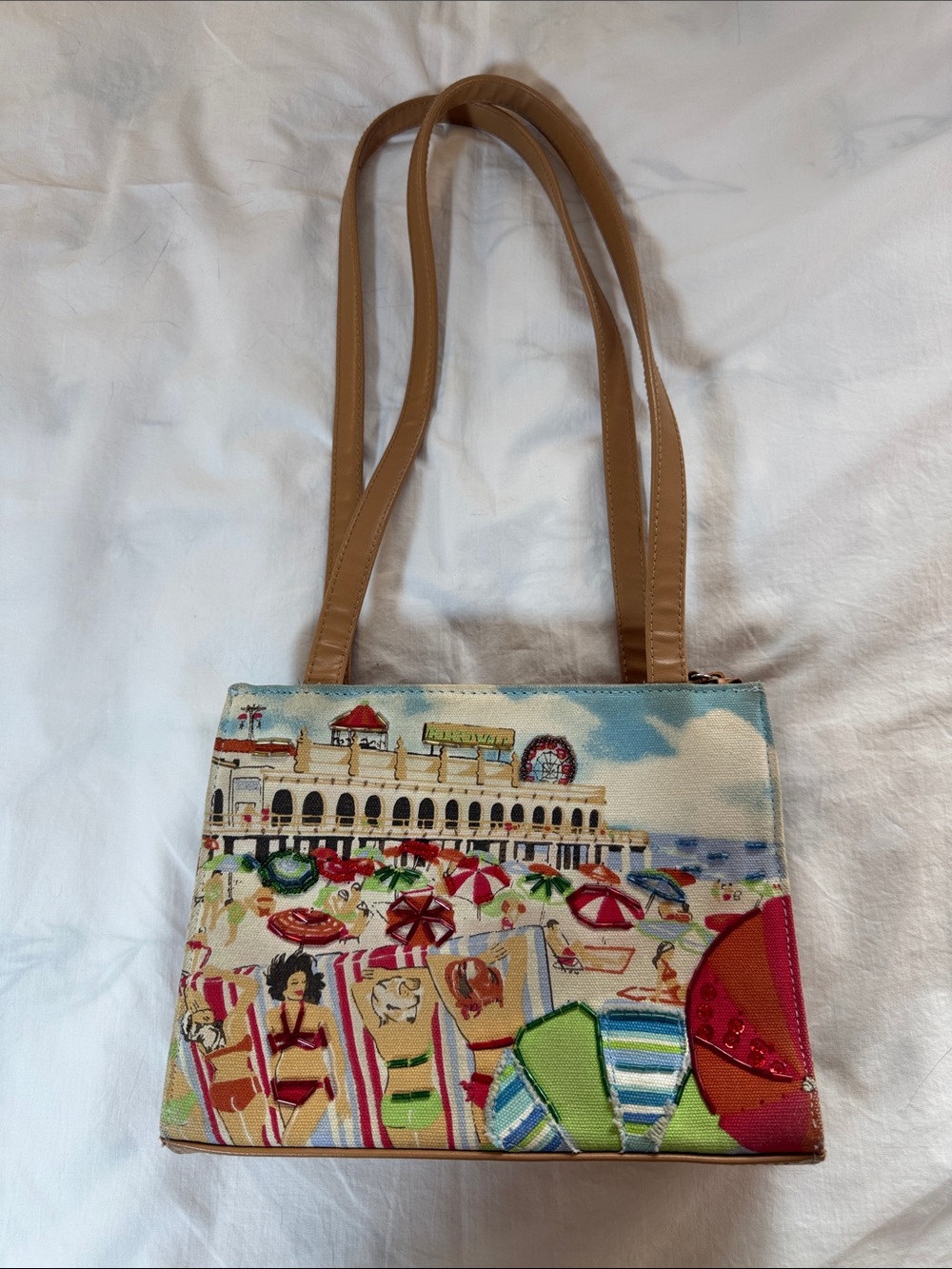 Vintage Beach Scene Small Shoulder Bag with Tan Straps